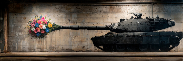 Close-up of a stencil mural of a black armored tank shooting out a colorful bouquet of flowers, symbolizing peace, hope, and the end of war through street art expression. Generative Ai.