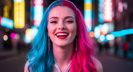 Young woman with vibrant pink and blue hair smiling brightly in a neon-lit city street