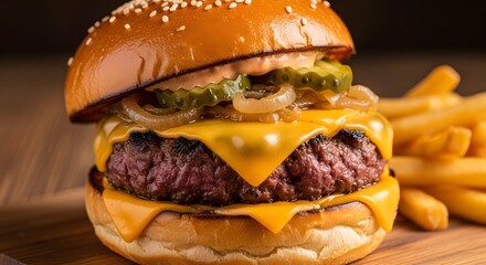 Delicious cheeseburger with fries gourmet burger meal fast food restaurant burger photography close up shot