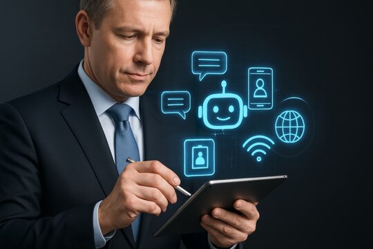 Businessman using tablet with holographic chatbot and communication icons representing AI technology and digital interaction concept on dark background. Ai generative