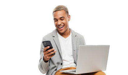 Young smiling man with blond dyed hair holding a smartphone and laptop, multitasking tech portrait, isolated on transparent background. | Generative AI