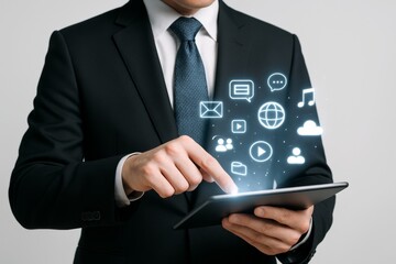 Businessman using digital tablet with floating multimedia and communication icons representing modern technology and connectivity concept. Ai generative