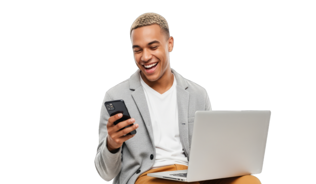 Young smiling man with blond dyed hair holding a smartphone and laptop, multitasking tech portrait, isolated on transparent background. | Generative AI