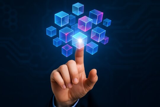 Hand interacting with glowing digital cubes representing blockchain technology and innovation concept on a futuristic blue background. Ai generative. Ai generative