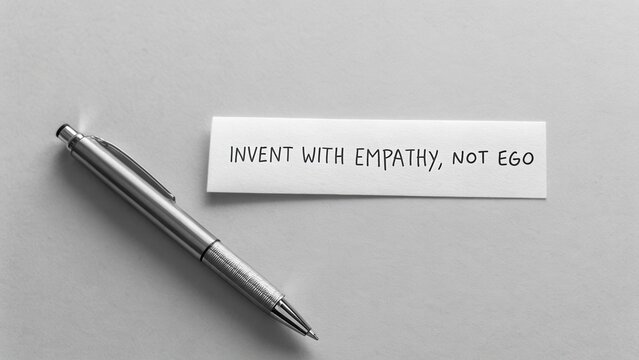 Inspirational message on paper beside a silver pen promoting empathy and innovation in design and creativity