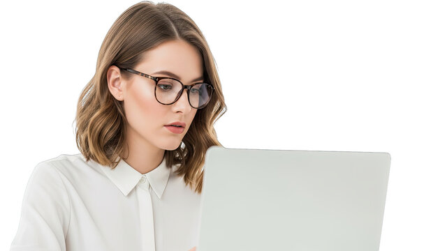 Young woman wearing glasses looking at a laptop, focused professional portrait, isolated on transparent background. | Generative AI - Powered by Adobe