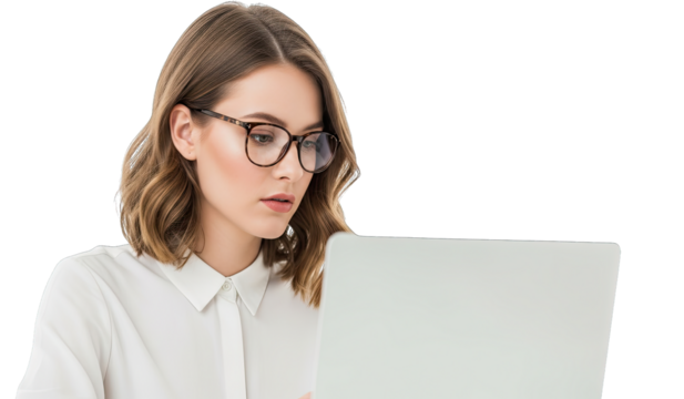 Young woman wearing glasses looking at a laptop, focused professional portrait, isolated on transparent background. | Generative AI
