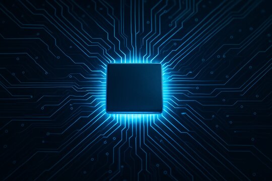 Glowing microchip at center of dark digital circuit board illustrating futuristic technology concept and electronic data flow in blue tones. Ai generative