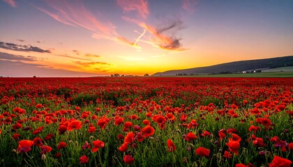 Vast field of vibrant red poppies under a colorful sunset sky with distant hills adding depth and a scenic view