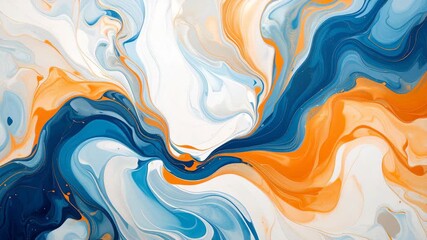 Swirling abstract art piece showcasing blend of fluid white, blue and orange pigments, accentuated with delicate golden veins, background texture - Powered by Adobe