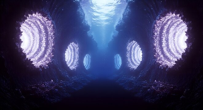 Crystalline deep-sea cavern with glowing geodes