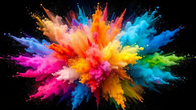 Abstract vibrant powder explosion with rainbow colors against a dark background, creating dynamic movement and artistic splatter effect, showcasing pigment particles.