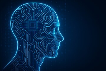 Obraz premium Futuristic digital human head with integrated microchip and glowing circuit lines on dark binary background symbolizing artificial intelligence concept. Ai generative