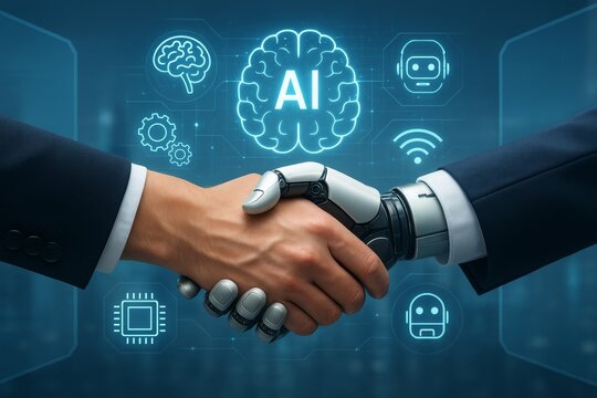 Human and robot handshake symbolizing AI collaboration in futuristic business technology concept with glowing digital icons on blue background.. Ai generative