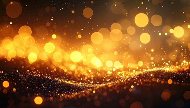 Abstract Golden bokeh lights shimmer, creating a wavy effect