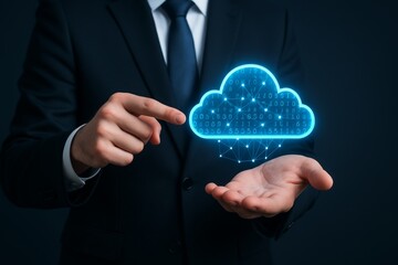 Businessman holds and points at glowing digital cloud with binary code and network nodes representing modern cloud computing technology concept. Ai generative