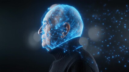 Elderly man's profile overlaid with glowing blue digital network dissolving into particles - Powered by Adobe