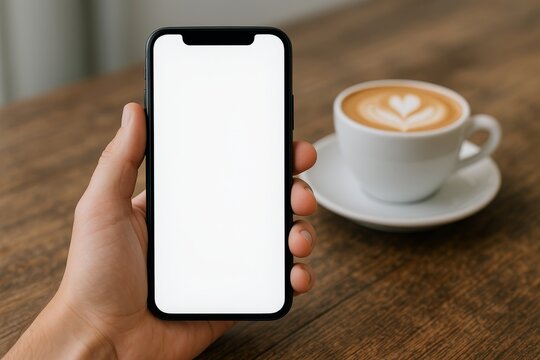 Hand holding smartphone with blank screen beside coffee cup on wooden table, modern digital technology and mobile app concept, close-up scene.. Ai generative