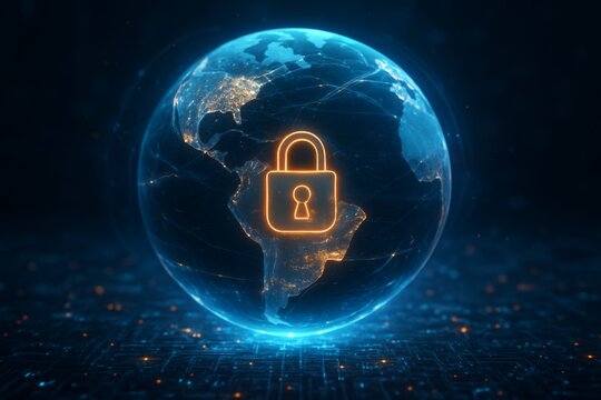 Digital padlock glowing over Earth symbolizing global cybersecurity and information protection technology concept in a futuristic style on dark background. Ai generative