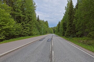 Asphalt Nuuksiontie road in summertime in cloudy weather, Nuuksio, Espoo, Finland.