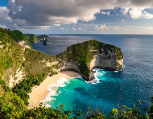 Aerial vista of a pristine beach nestled between rugged cliffs and turquoise waters under a cloudy sky