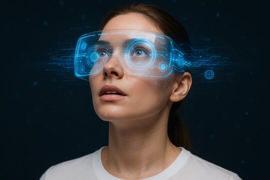 Woman wearing futuristic digital smart glasses with immersive holographic interface concept on dark background, showcasing innovation and future vision.. Ai generative - Powered by Adobe