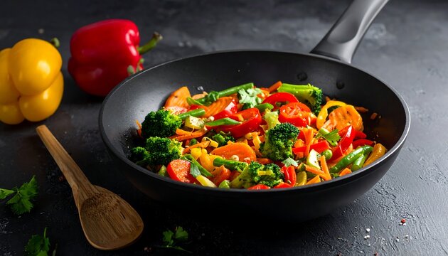 Veggie stir fry in a black pan with spoon and peppers on a dark surface. Bright, vibrant colors highlight healthy meal