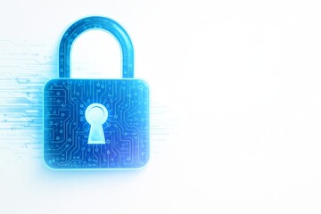 Futuristic blue digital padlock with circuit pattern symbolizing cybersecurity and data protection concept on white background with tech elements. Ai generative
