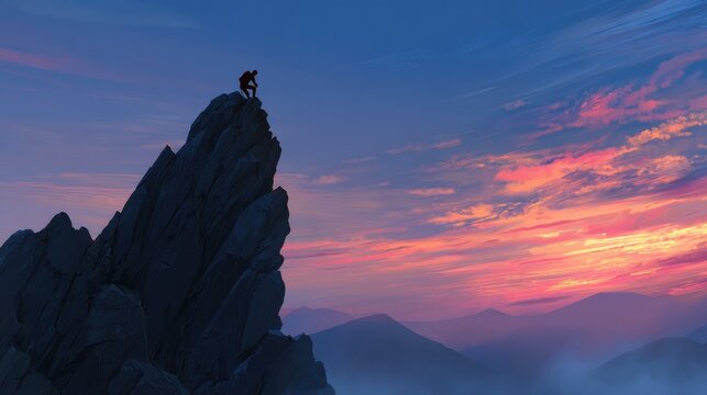 Climber reaches the peak of a rocky mountain at sunset with vibrant colors and scenic views of distant hills in the background