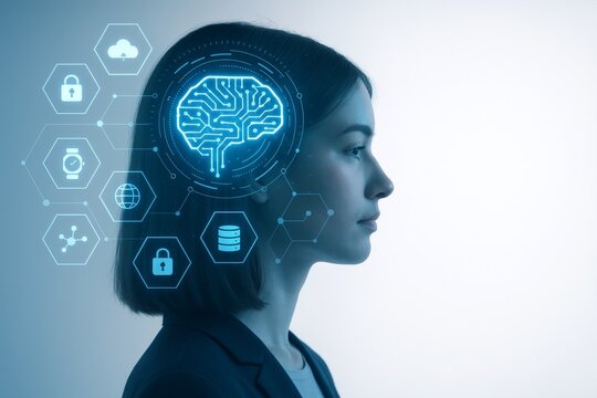 Woman with digital brain interface and holographic technology icons representing artificial intelligence and data concept on light blue background. Ai generative - Powered by Adobe