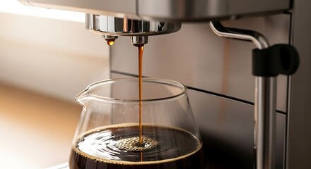 에스프레소 머신에서 진하게 흘러나오는 커피, 따뜻하고 아늑한 분위기 연출