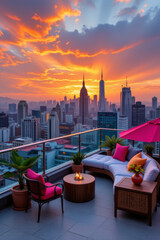 Obraz premium Rooftop lounge with modern furniture and vibrant cushions under dramatic sunset sky