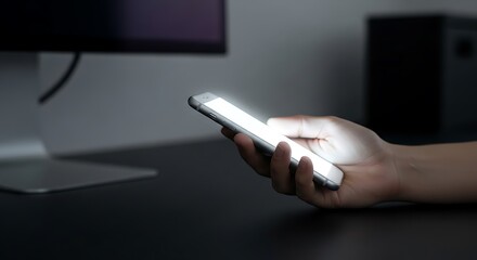 어두운 배경에서 밝게 빛나는 스마트폰 화면을 들고 있는 손 클로즈업