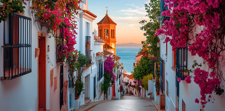 Fototapeta Scenic view of Estepona, Andalusia with charming cobblestone lanes, white facades adorned with flowers, and stunning seaside horizon on the Costa del Sol