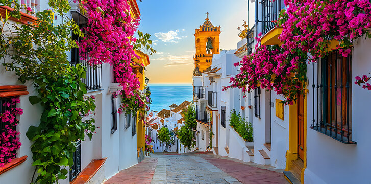 Fototapeta Beautiful Estepona townscape in Malaga, Spain with colorful streets, traditional Spanish houses, and panoramic views of the turquoise Mediterranean coastline
