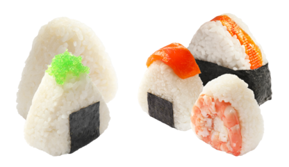 a photograph capturing a variety of traditional japanese onigiri rice balls featuring salmon, shrimp, and green tobiko roe fillings, wrapped with nori.