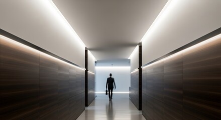 빛나는 복도, 깊어지는 그림자, 홀로 걷는 사람의 고독한 뒷모습