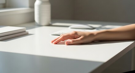 햇빛 아래 놓인 흰색 책상, 차분하고 평화로운 분위기를 연출하다