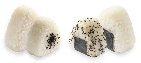 a photograph showcasing traditional japanese onigiri rice balls, some plain and others garnished with black and white sesame seeds, partially wrapped in nori.