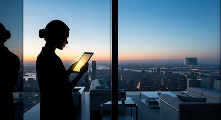 석양 아래 도시를 배경으로 태블릿을 사용하는 여성의 우아한 실루엣