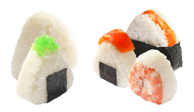 a photograph capturing a variety of traditional japanese onigiri rice balls featuring salmon, shrimp, and green tobiko roe fillings, wrapped with nori. - Powered by Adobe