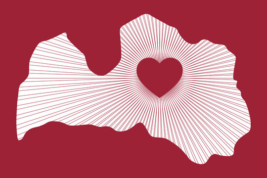 Minimalist map of Latvia with a heart in the center and radiant lines symbolizing love, unity, and national pride. Modern design in Latvian maroon color for Independence Day and patriotic themes