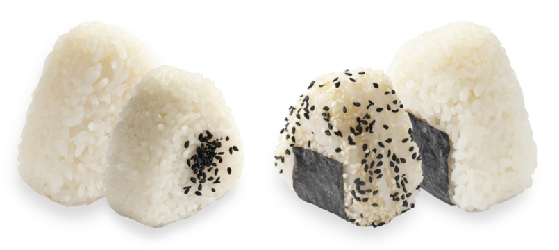 a photograph showcasing traditional japanese onigiri rice balls, some plain and others garnished with black and white sesame seeds, partially wrapped in nori.