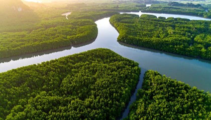 Verdant forest meets winding river in this aerial view, illuminated by soft, golden light at the edge of the horizon