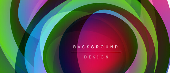 Abstract colorful layers create dynamic tunnel effect. Text reads background design centered within swirling shapes. Vivid gradients dominate composition.