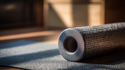 Exercise mat and foam roller on wooden floor in sunlit home gym area