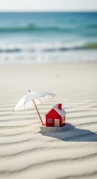 Tiny red house model on sandy beach under umbrella