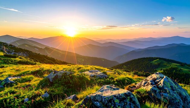 Verdant grassy hillside overlooking distant mountain ranges at a vibrant, sunlit, early morning dawn