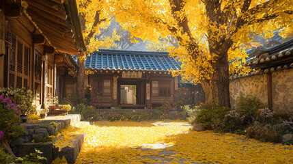 A hyper-realistic cinematic autumn scene showcases a traditional  house surrounded by golden ginkgo trees in full fall foliage, with soft sunlight filtering through yellow leaves