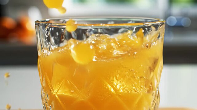 Fresh orange juice splashing in a glass on kitchen countertop  